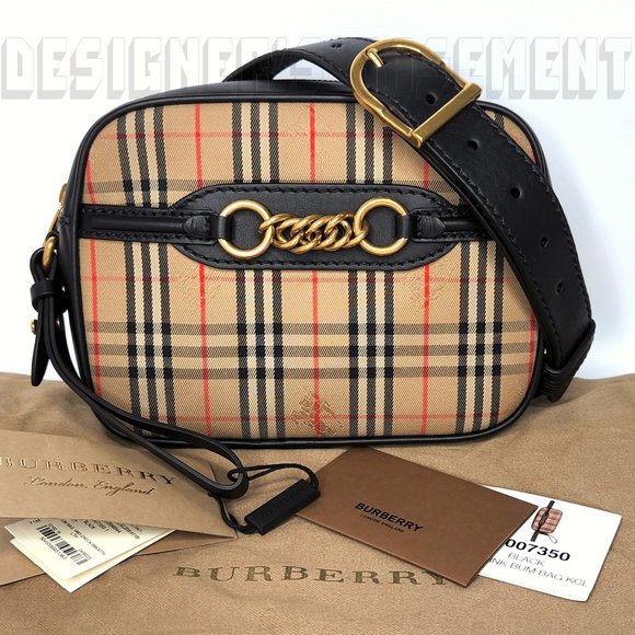 BURBERRY black leather LINK 1983 beige canvas Equestrian Knight Check Belt Bag - Picture 2 of 11